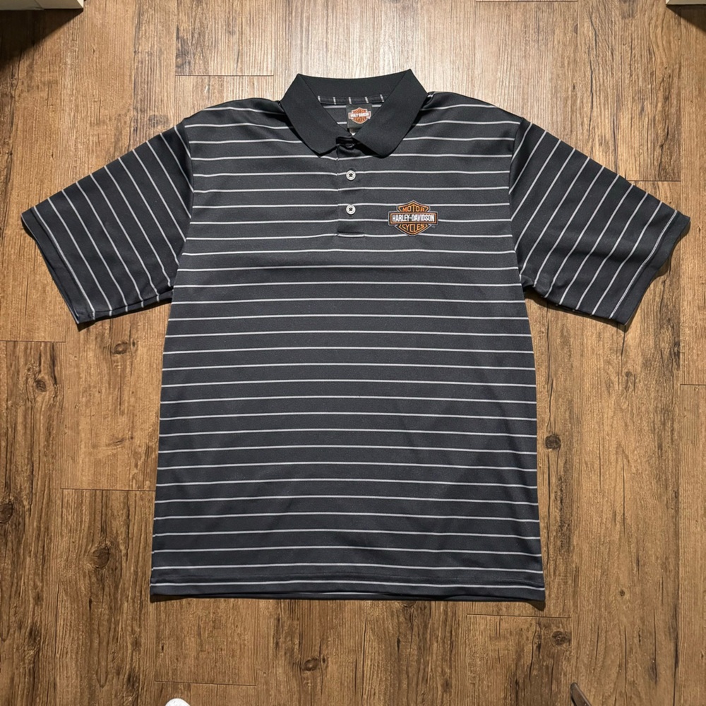 Harley Davidson Grey Striped Polo Shirt with harley davidson logo